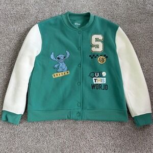 Disney Stitch Jacket Kids XL Green Varsity Fleece Snap Front Music Festival